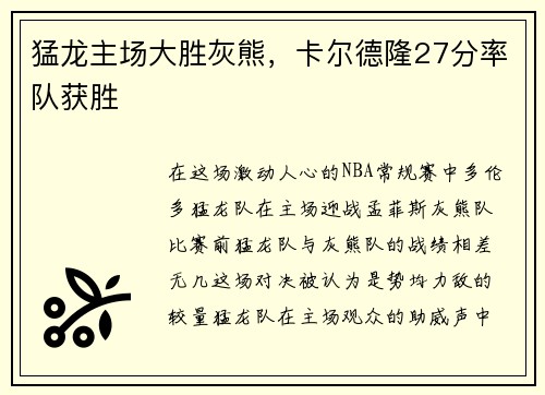 猛龙主场大胜灰熊，卡尔德隆27分率队获胜