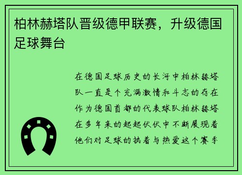 柏林赫塔队晋级德甲联赛，升级德国足球舞台