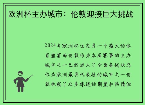 欧洲杯主办城市：伦敦迎接巨大挑战