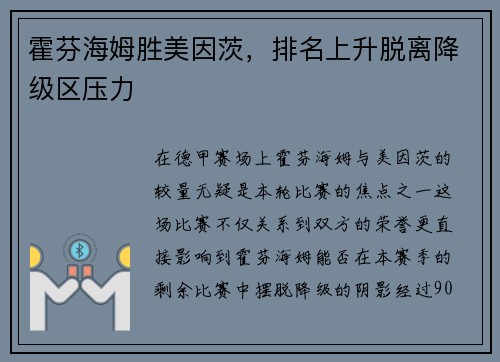 霍芬海姆胜美因茨，排名上升脱离降级区压力