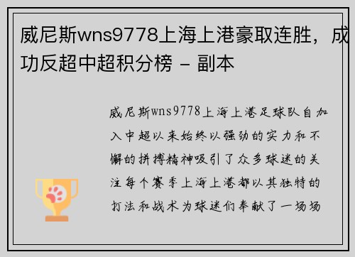 威尼斯wns9778上海上港豪取连胜，成功反超中超积分榜 - 副本